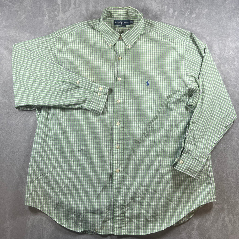 Ralph Lauren Yarmouth Mens 17.5 34/35 Green Plaid Button Down Shirt Cotton